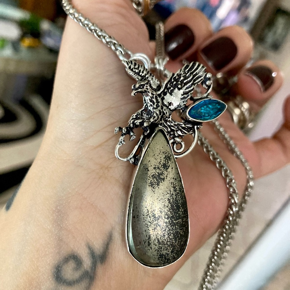Blue topaz & golden black pyrite gemstone eagle charm boho necklace - Picture 16 of 16